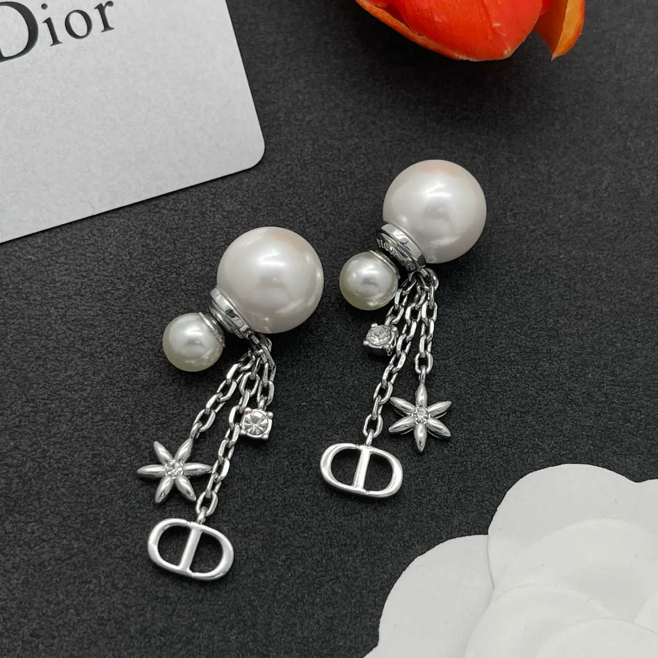 Dior Silver White Pearl-Stud Chain-Dangle Earrings 7