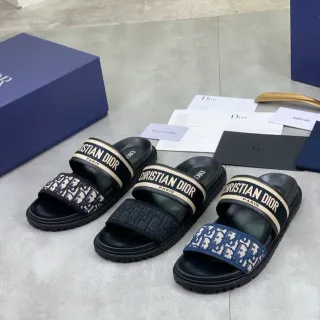 Dior Slide Preto Bege Dupla alça Obliqua Jacquard Malha Sandálias
