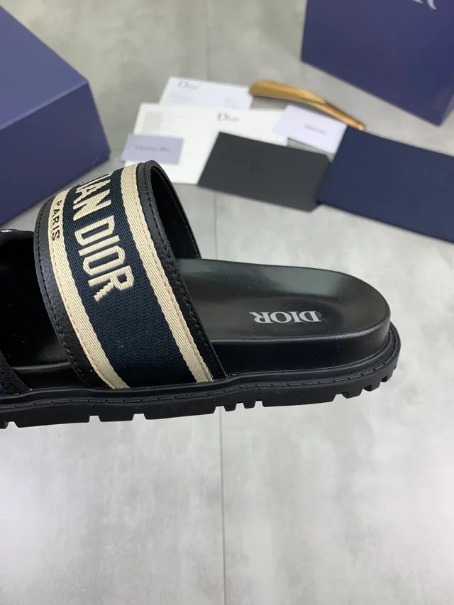 Dior Slide Noir Beige Double bride Oblique Jacquard Maille Sandales 4