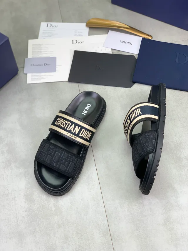 Dior Slide Noir Beige Double bride Oblique Jacquard Maille Sandales 5