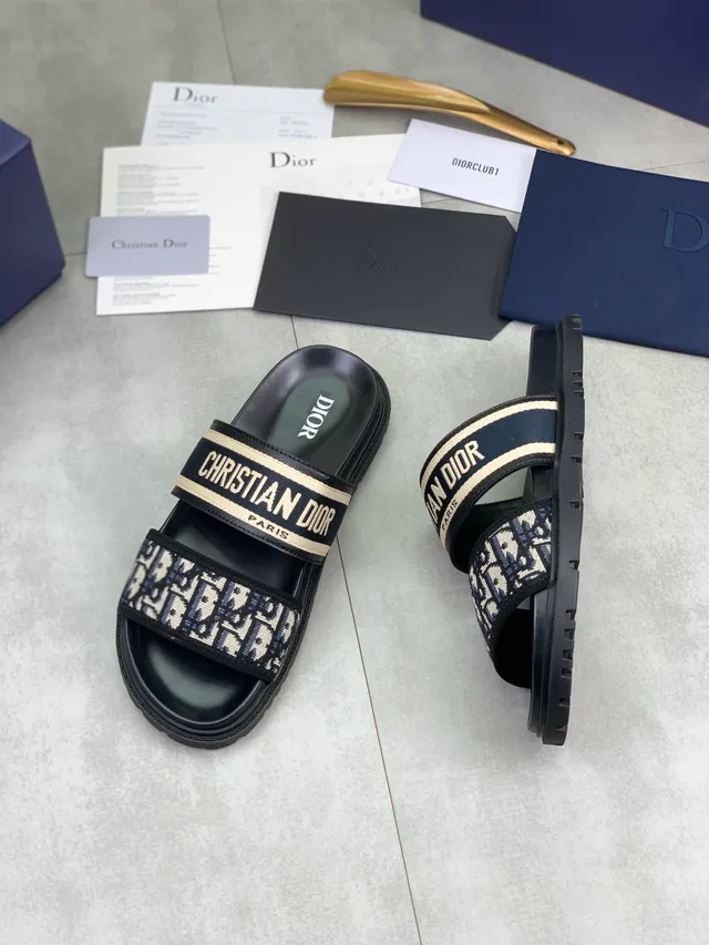Dior Slide Noir Beige Double bride Oblique Jacquard Maille Sandales 6