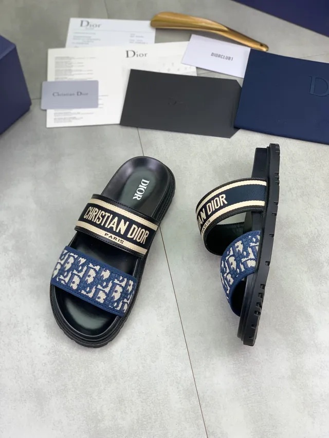 Dior Slide Noir Beige Double bride Oblique Jacquard Maille Sandales 7