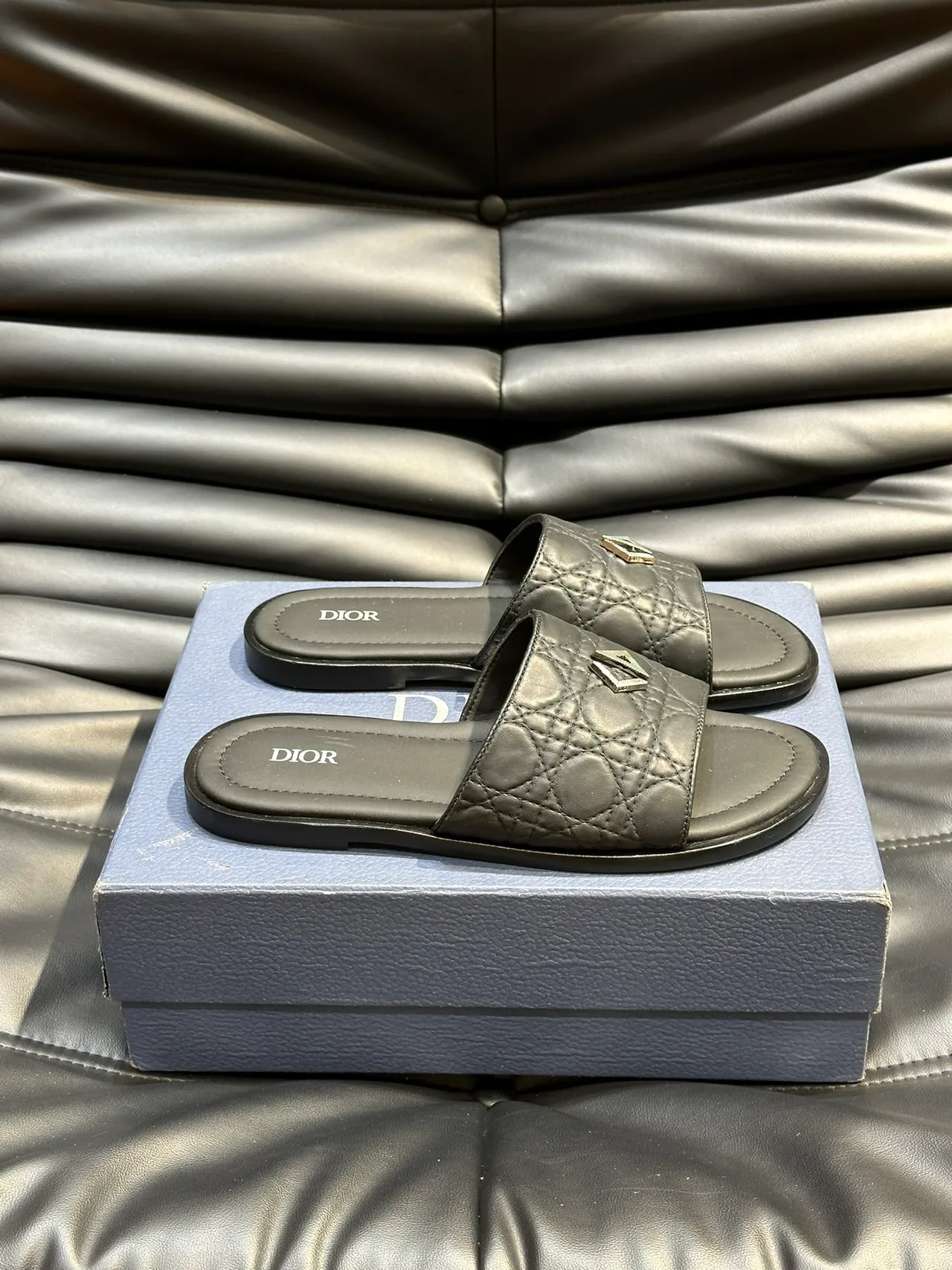Dior Slide Black Blue Quilted Cannage Leather Metallic CD Logo Slippers 2
