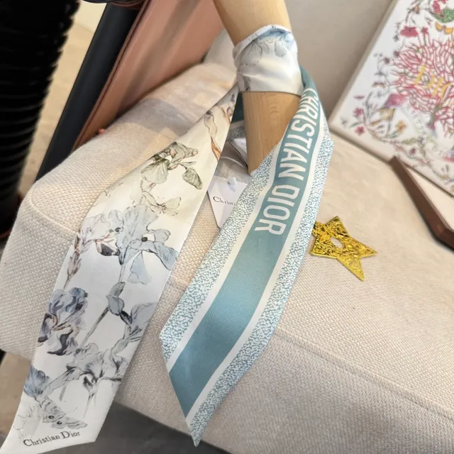 Dior White Blue Narrow Floral Print Silk Scarf 4