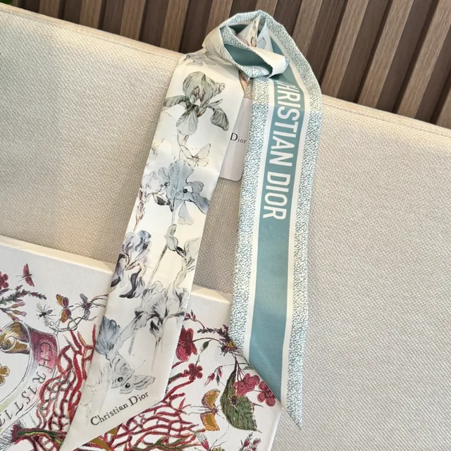 Dior White Blue Narrow Floral Print Silk Scarf 6