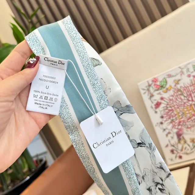 Dior White Blue Narrow Floral Print Silk Scarf 7