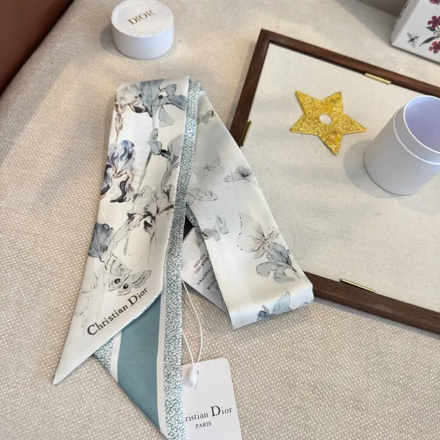 Dior White Blue Narrow Floral Print Silk Scarf 8