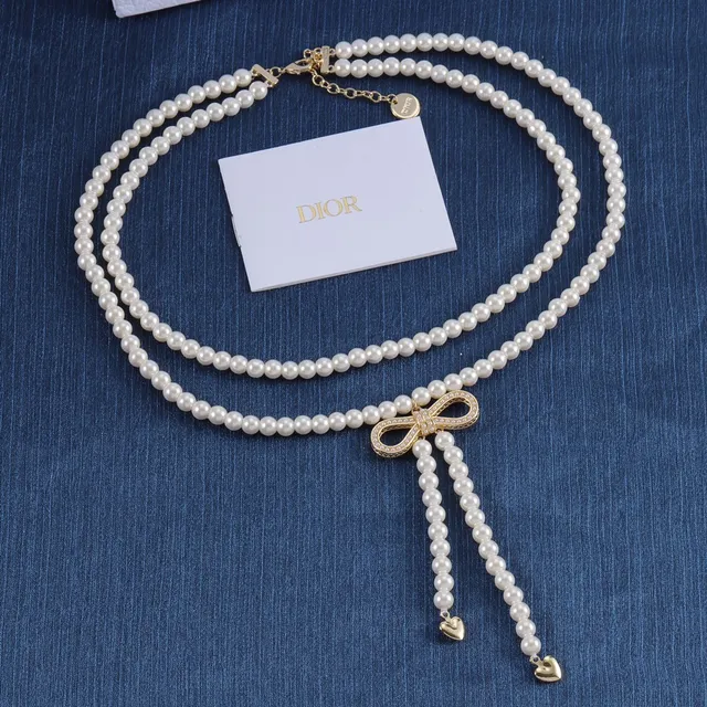 Dior Collar de oro blanco con cadena doble de perlas adornado con cristales en forma de lazo 2