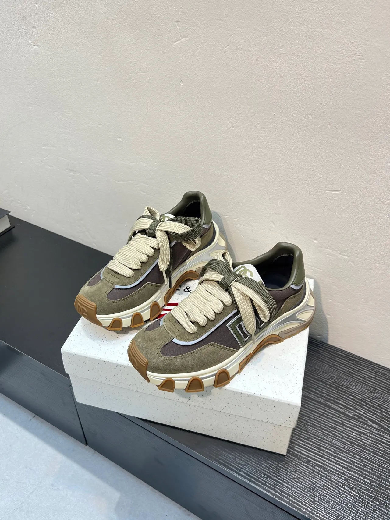 Dolce & Gabbana Army Green Brown Sole Layered Suede-Mesh Upper Chunky Sneakers 3