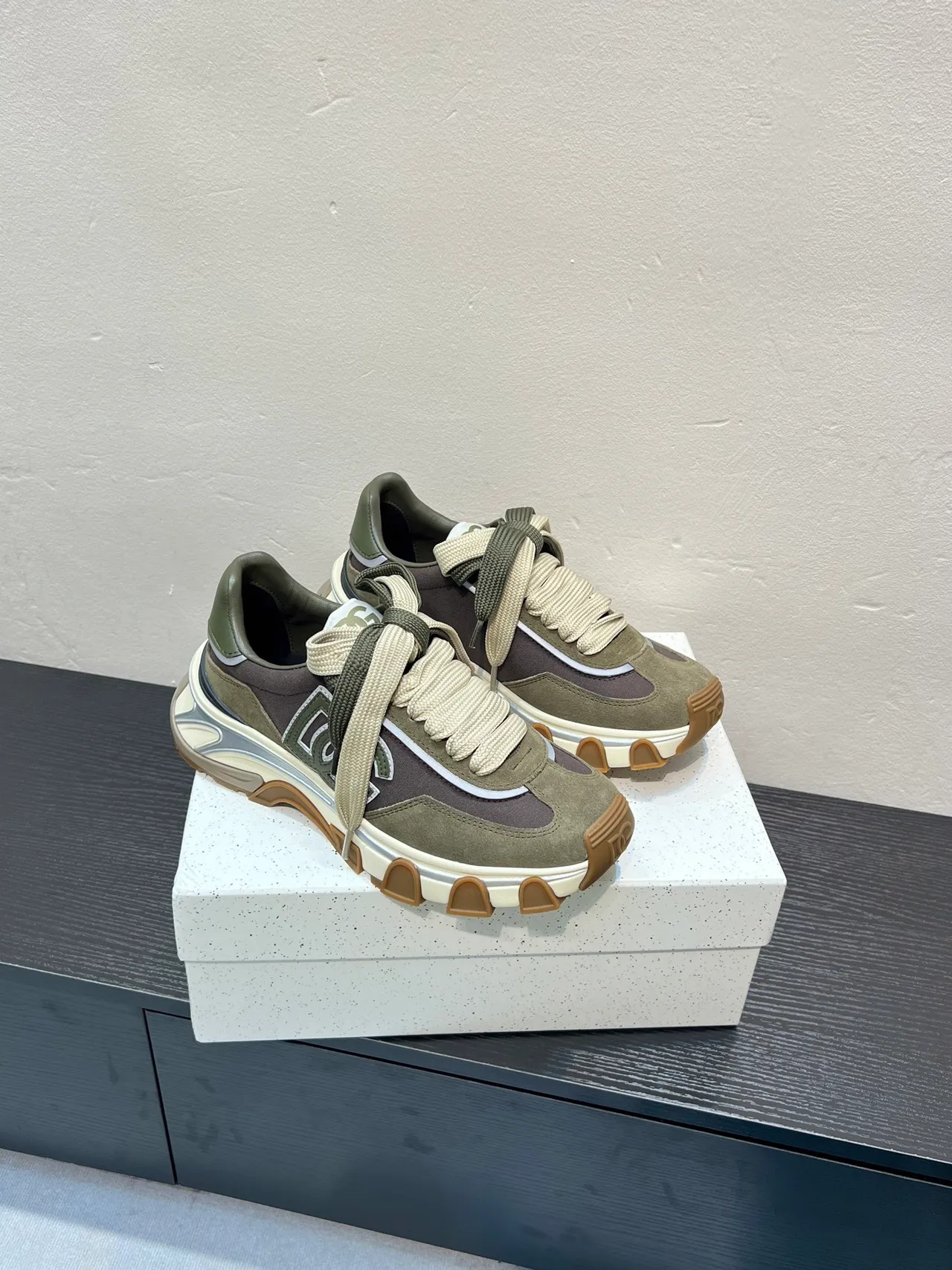 Dolce & Gabbana Army Green Brown Sole Layered Suede-Mesh Upper Chunky Sneakers 5