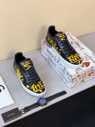 Dolce & Gabbana Black Yellow Graphic-Print Leather Studded Heel Lifestyle Sneakers 2