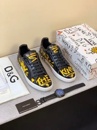 Dolce & Gabbana Black Yellow Graphic-Print Leather Studded Heel Lifestyle Sneakers 3