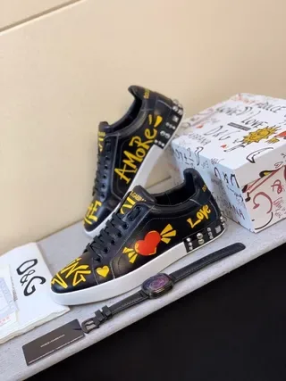Dolce & Gabbana Black Yellow Graphic-Print Leather Studded Heel Lifestyle Sneakers 4