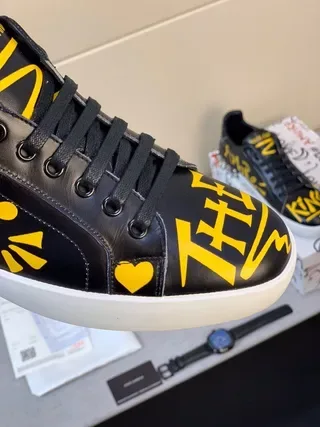 Dolce & Gabbana Black Yellow Graphic-Print Leather Studded Heel Lifestyle Sneakers 5