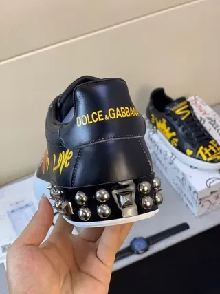 Dolce & Gabbana Black Yellow Graphic-Print Leather Studded Heel Lifestyle Sneakers 6