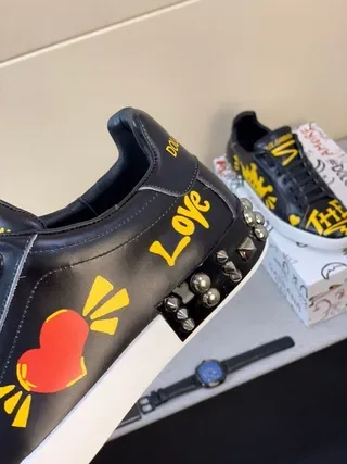 Dolce & Gabbana Black Yellow Graphic-Print Leather Studded Heel Lifestyle Sneakers 7