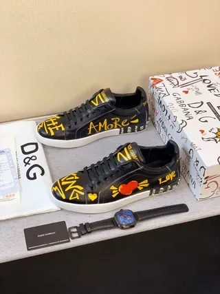 Dolce & Gabbana Black Yellow Graphic-Print Leather Studded Heel Lifestyle Sneakers 8