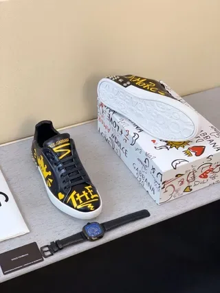 Dolce & Gabbana Black Yellow Graphic-Print Leather Studded Heel Lifestyle Sneakers 9