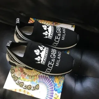 Dolce & Gabbana Portofino কালো সাদা স্লিপ-অন নিট মুকুট লোগো প্রিন্ট লাইফস্টাইল স্নিকার্স