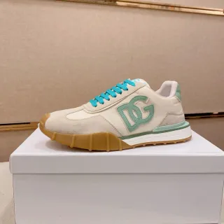Dolce & Gabbana Beige Green Logo-Accented Suede-and-Textile Upper Sneakers