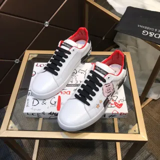 Dolce & Gabbana Portofino Sneakers Lifestyle Blancs et Rouges en Cuir Lacets Noirs Low-Top