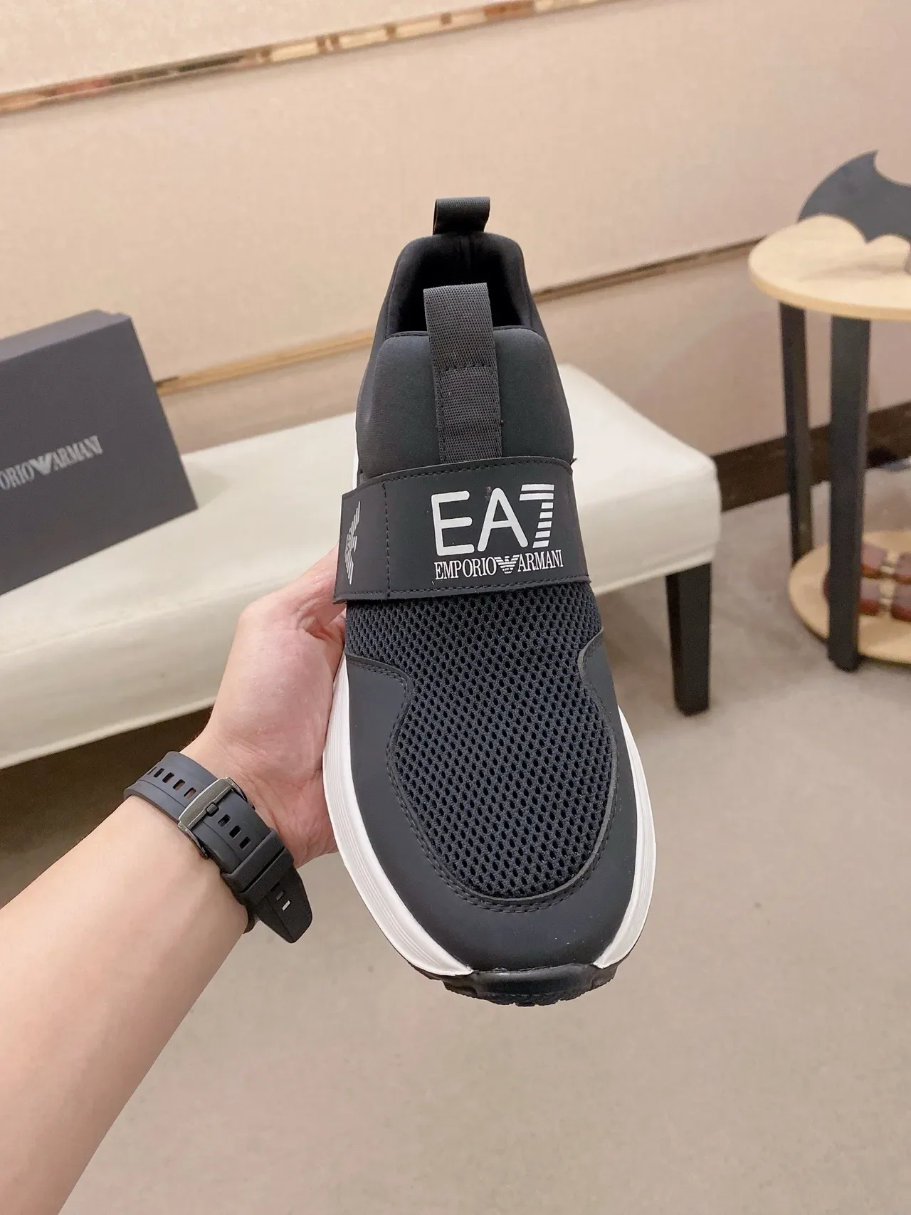 Emporio Armani Black White Slip-On Mesh-and-Synthetic Upper Lifestyle Sneakers 2