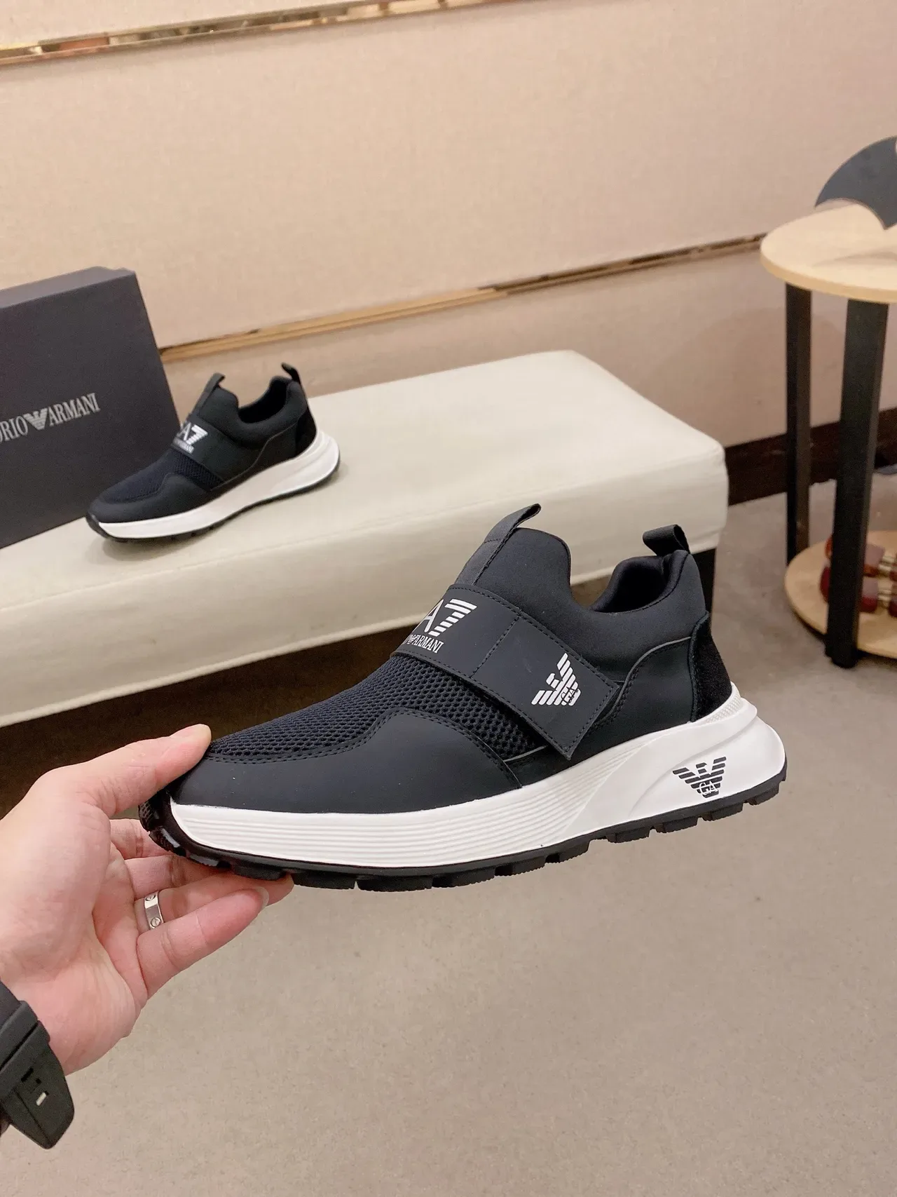 Emporio Armani Black White Slip-On Mesh-and-Synthetic Upper Lifestyle Sneakers 3