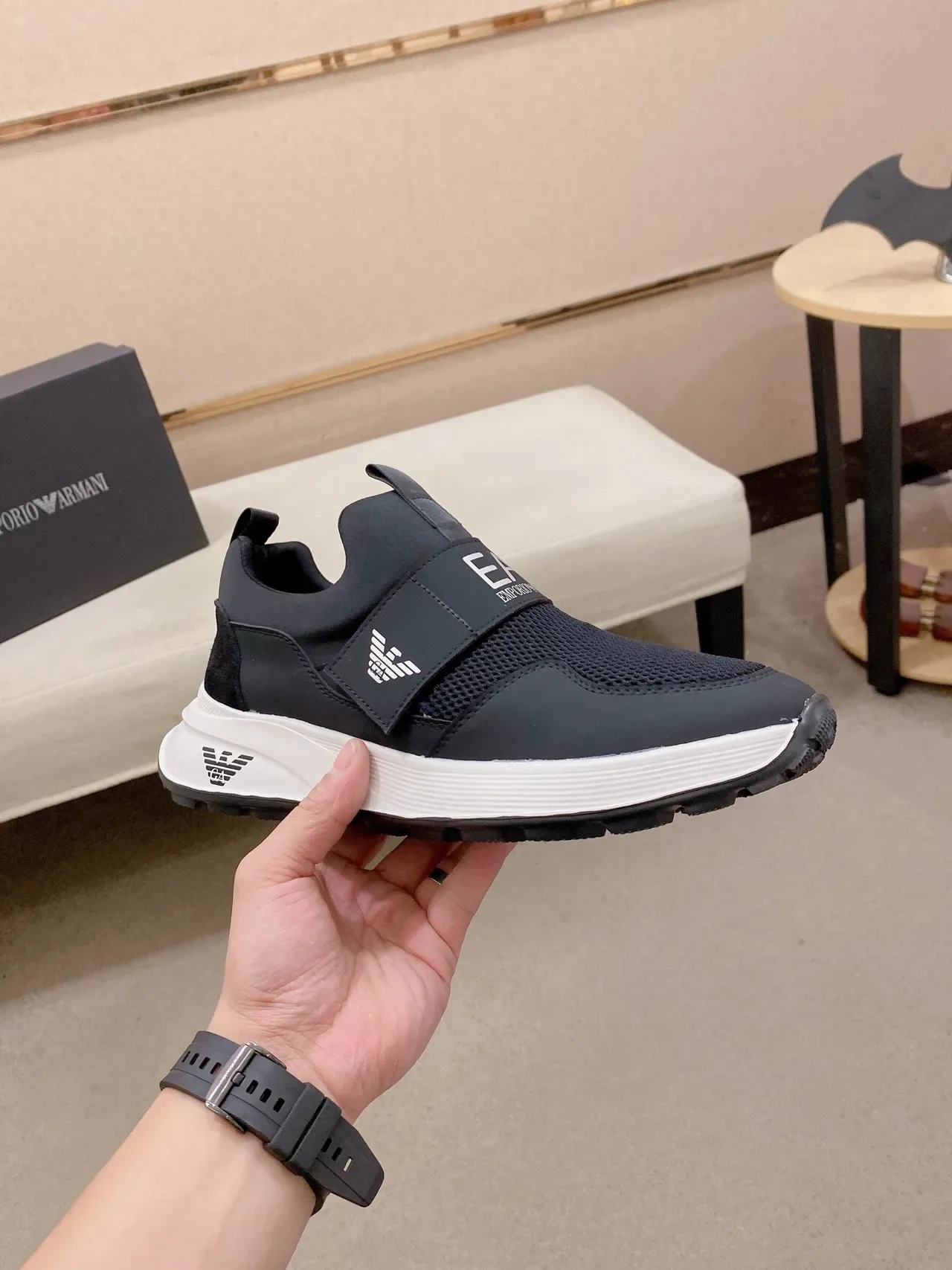 Emporio Armani Black White Slip-On Mesh-and-Synthetic Upper Lifestyle Sneakers 4