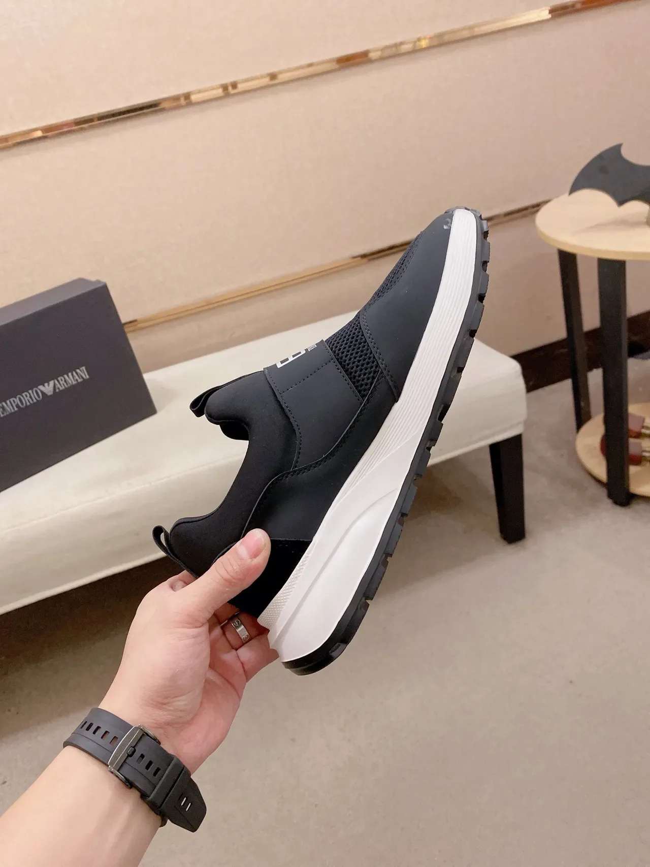 Emporio Armani Black White Slip-On Mesh-and-Synthetic Upper Lifestyle Sneakers 5