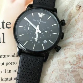 Emporio Armani क्रोनोग्राफ काला पर्फोरेटेड स्ट्रैप क्वार्ट्ज घड़ी