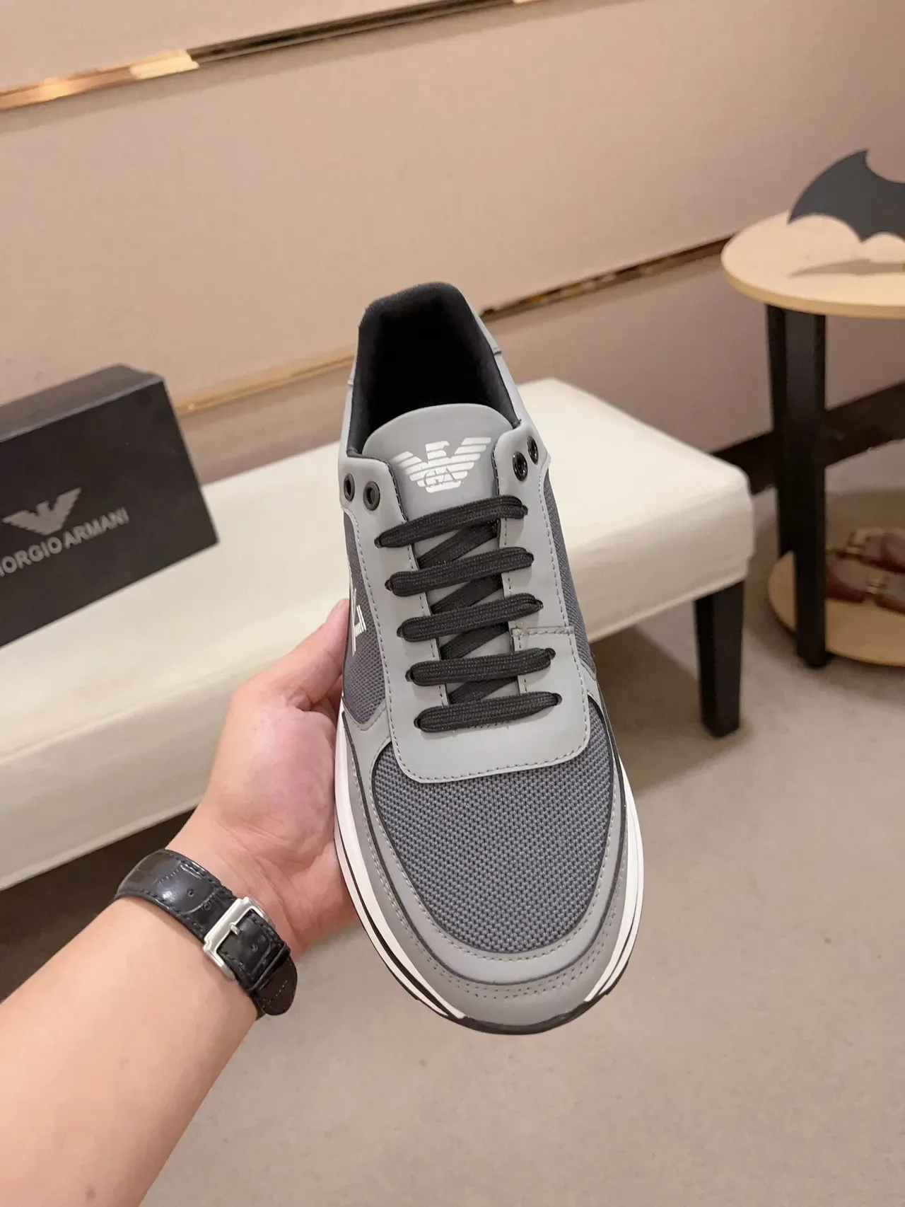 Emporio Armani Gray Black Mesh-and-Synthetic Upper Multi-Layered Contrast Sole Sneakers 2