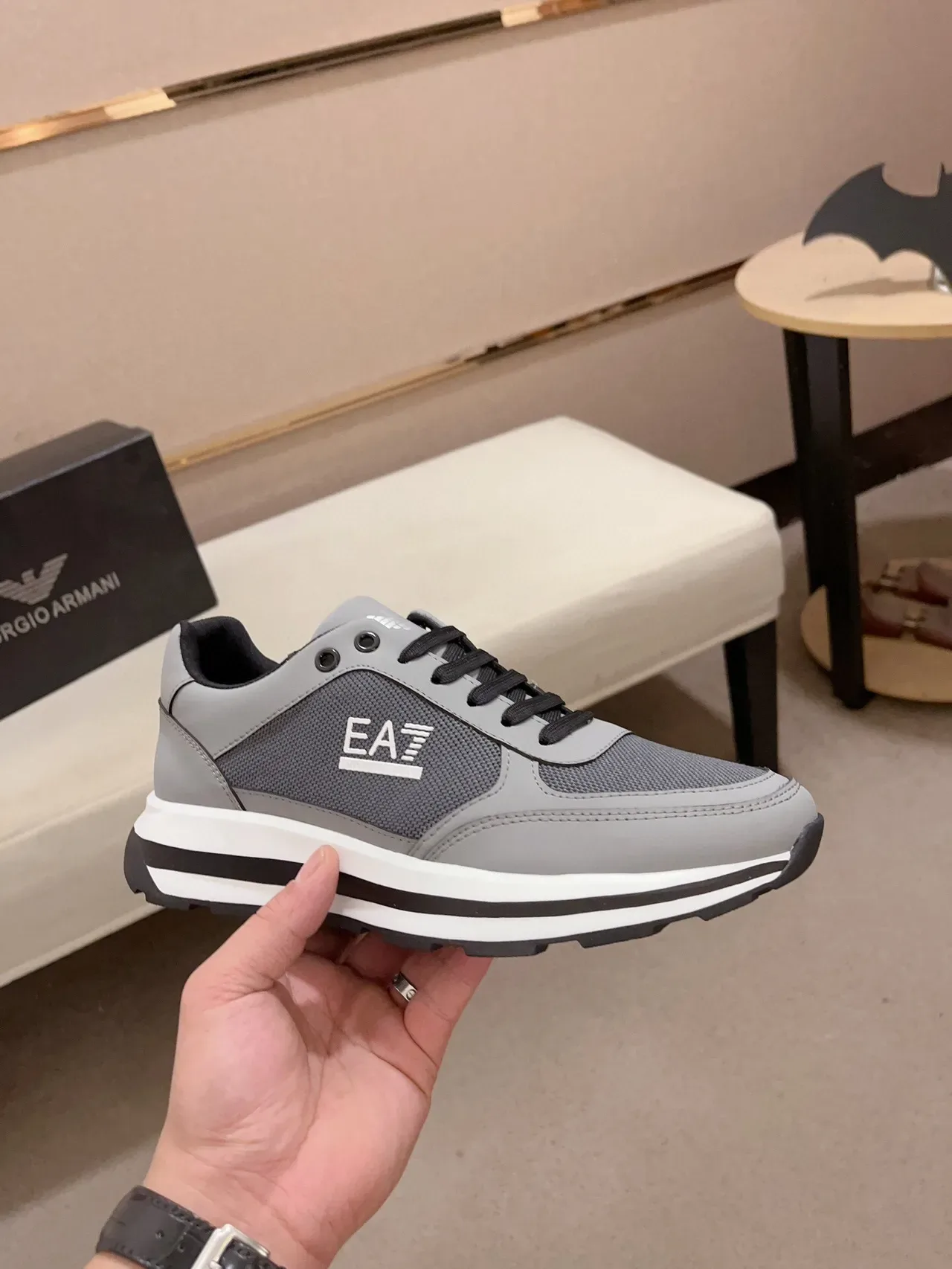 Emporio Armani Gray Black Mesh-and-Synthetic Upper Multi-Layered Contrast Sole Sneakers 4