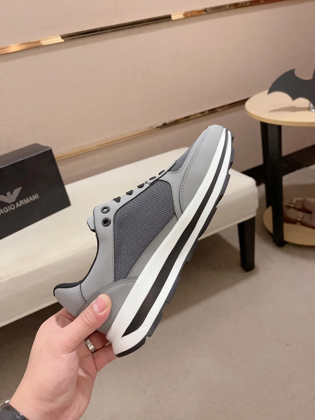 Emporio Armani Gray Black Mesh-and-Synthetic Upper Multi-Layered Contrast Sole Sneakers 5