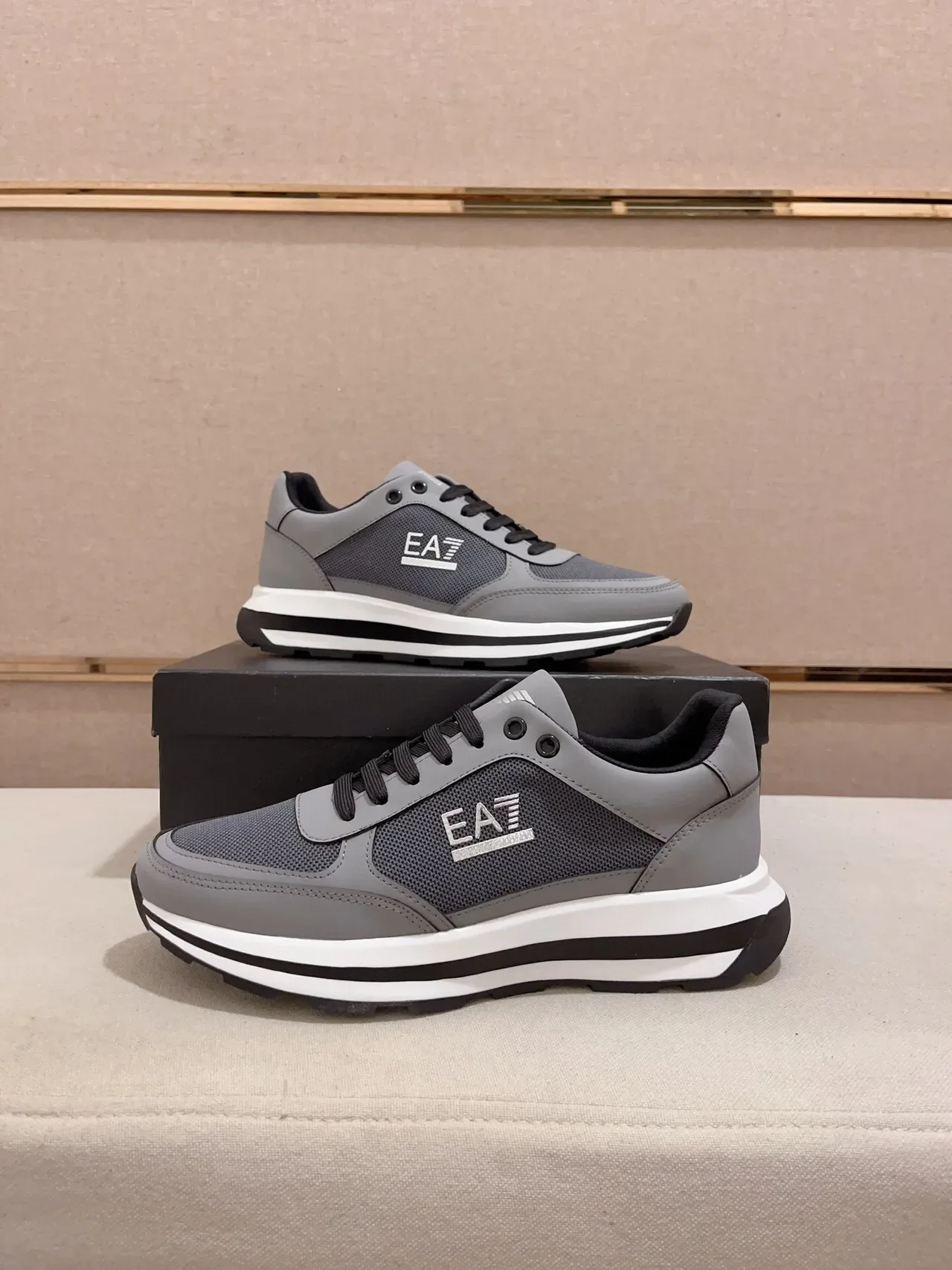 Emporio Armani Gray Black Mesh-and-Synthetic Upper Multi-Layered Contrast Sole Sneakers 7