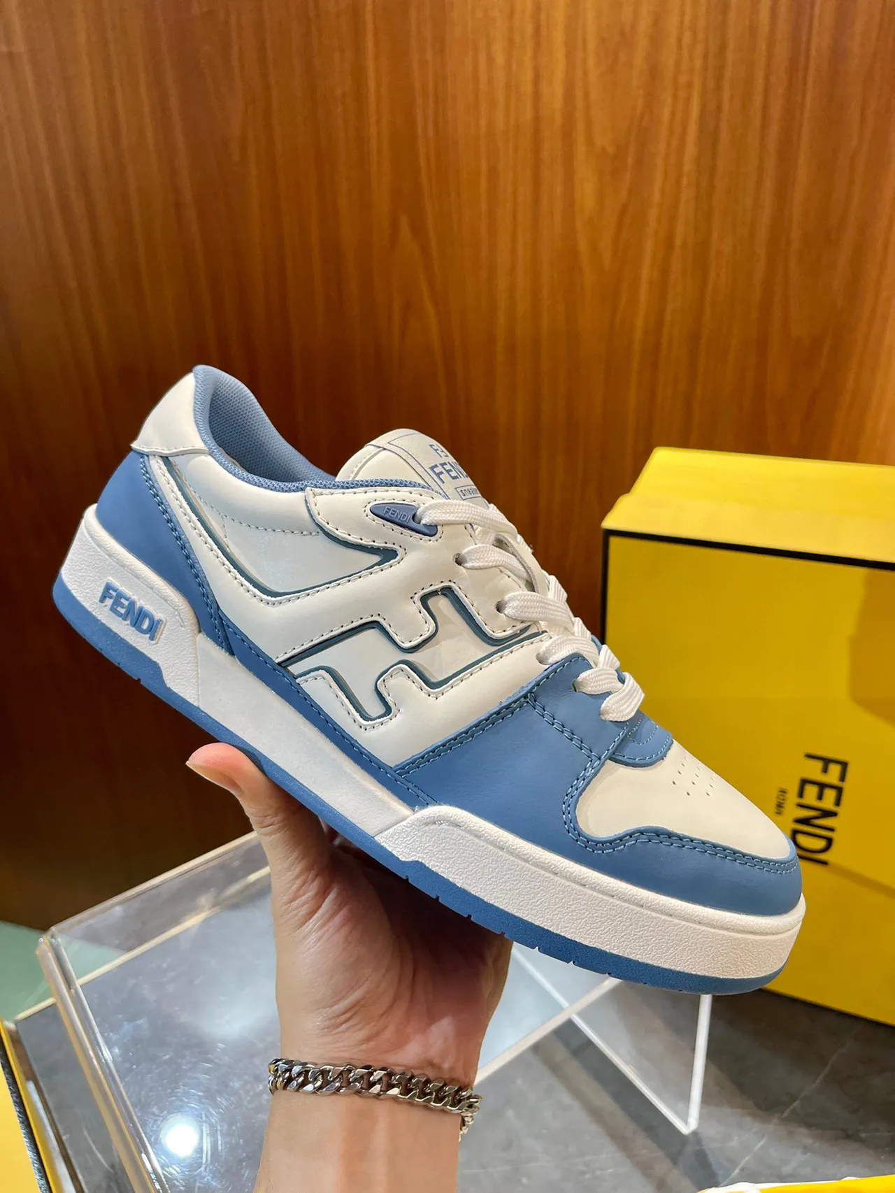 Fendi Beige Blue Low-Top Perforated Toe Sneakers 2