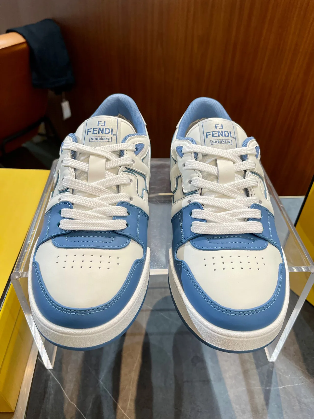 Fendi Beige Blue Low-Top Perforated Toe Sneakers 3