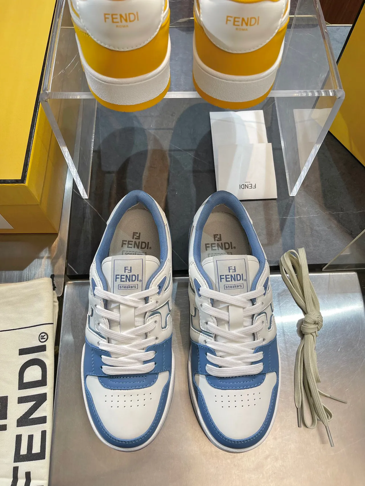 Fendi Beige Blue Low-Top Perforated Toe Sneakers 4