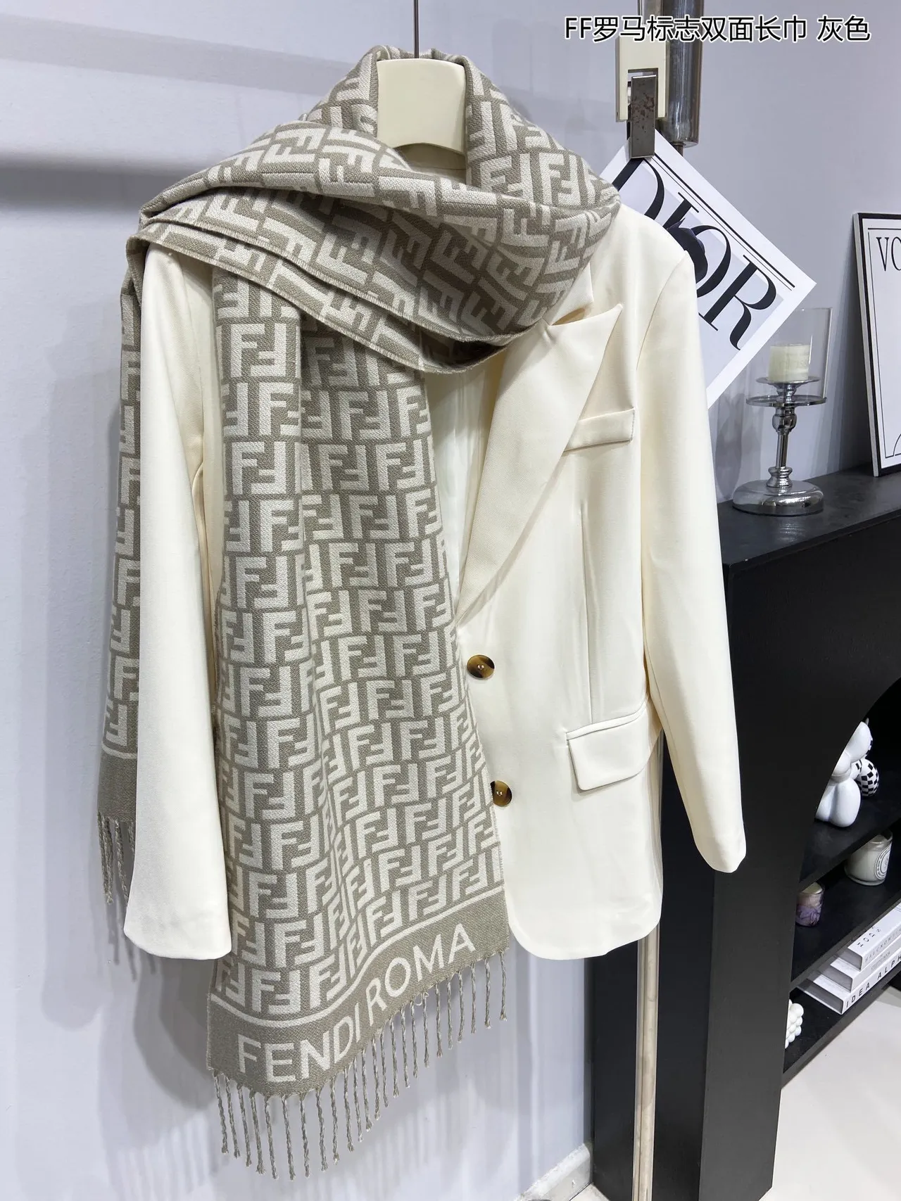 Fendi Beige Brown Monogrammed Fringed Scarve 5