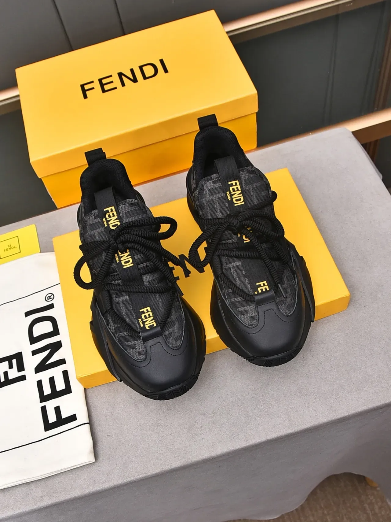Fendi Black Yellow Sole Monogram Textile Upper Chunky Sneakers 3