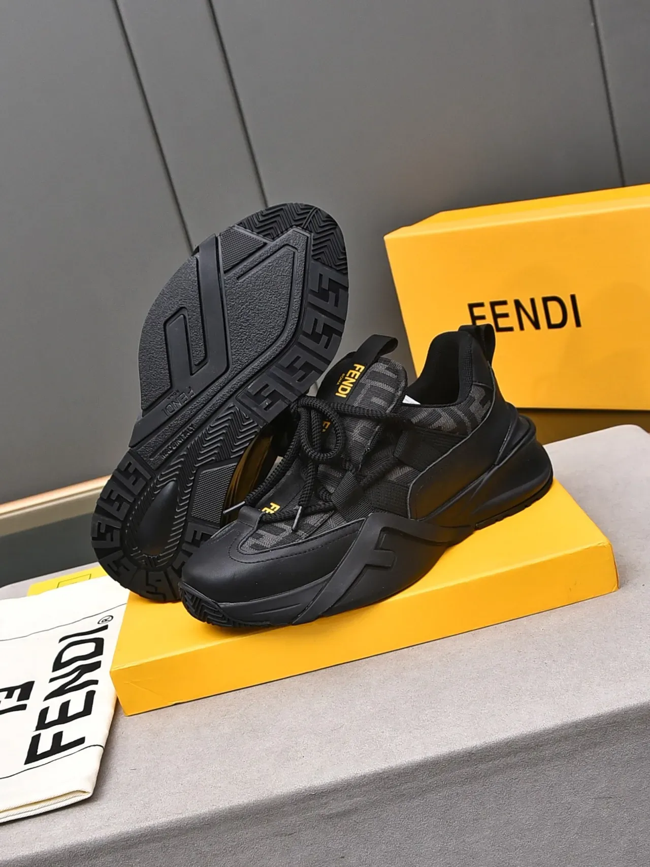 Fendi Black Yellow Sole Monogram Textile Upper Chunky Sneakers 4