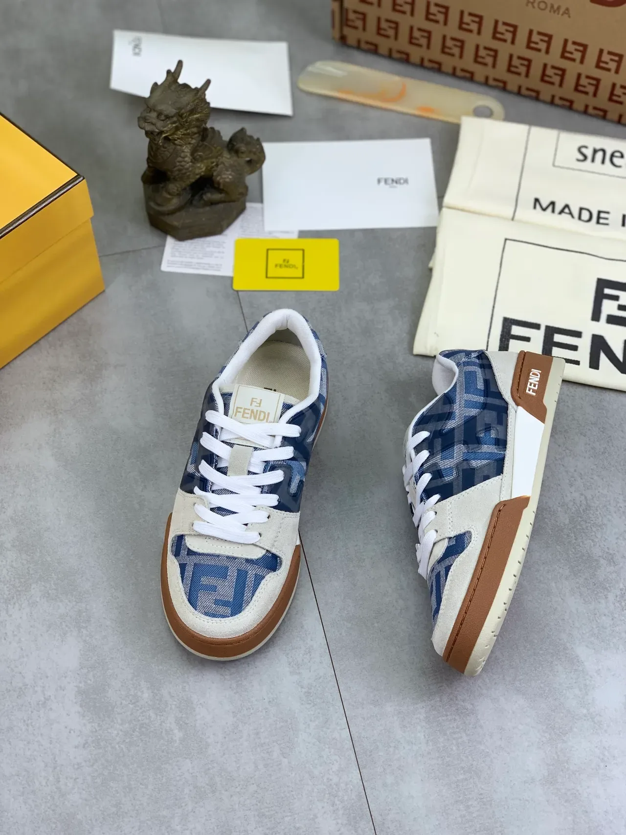 Fendi Blue Beige FF Monogram Textile Suede Overlays Lifestyle Sneakers 6