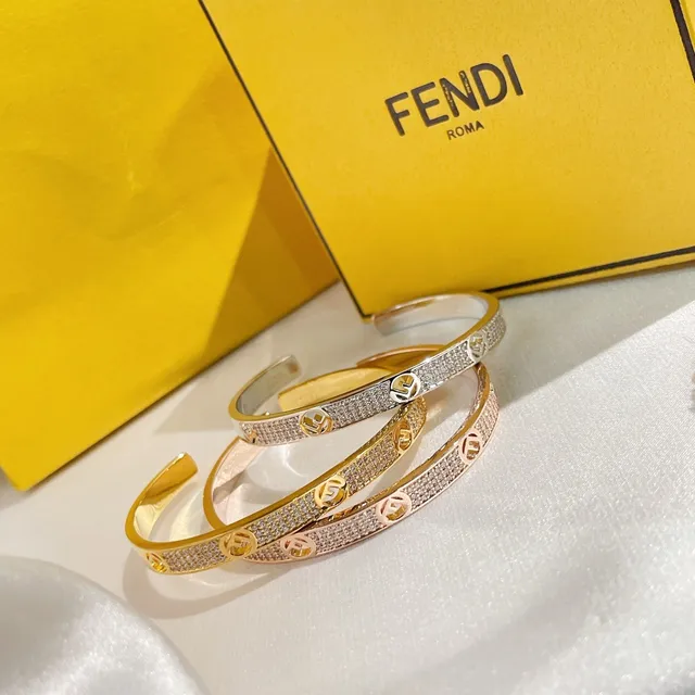 Fendi FF Logo Pavé Cuff Gold Silver Bracelet 2