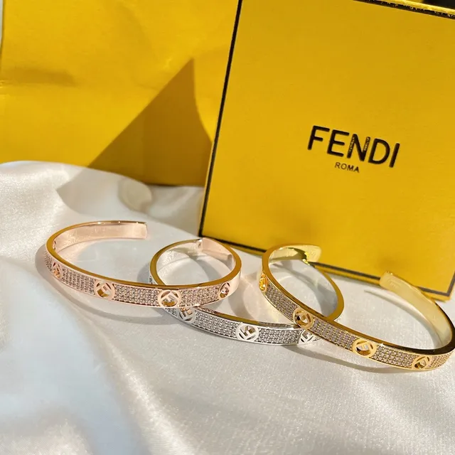 Fendi FF Logo Pavé Cuff Gold Silver Bracelet 4