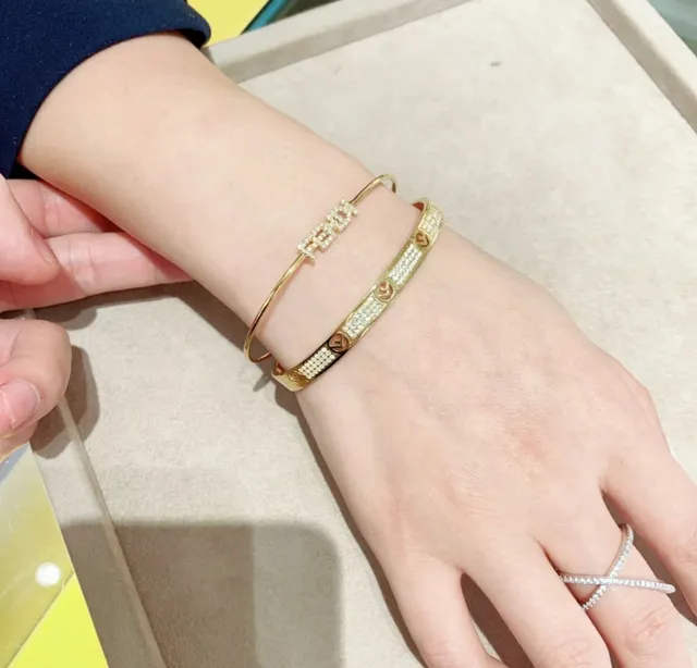 Fendi FF Logo Pavé Cuff Gold Silver Bracelet 5