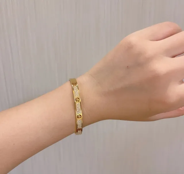 Fendi FF Logo Pavé Cuff Gold Silver Bracelet 7