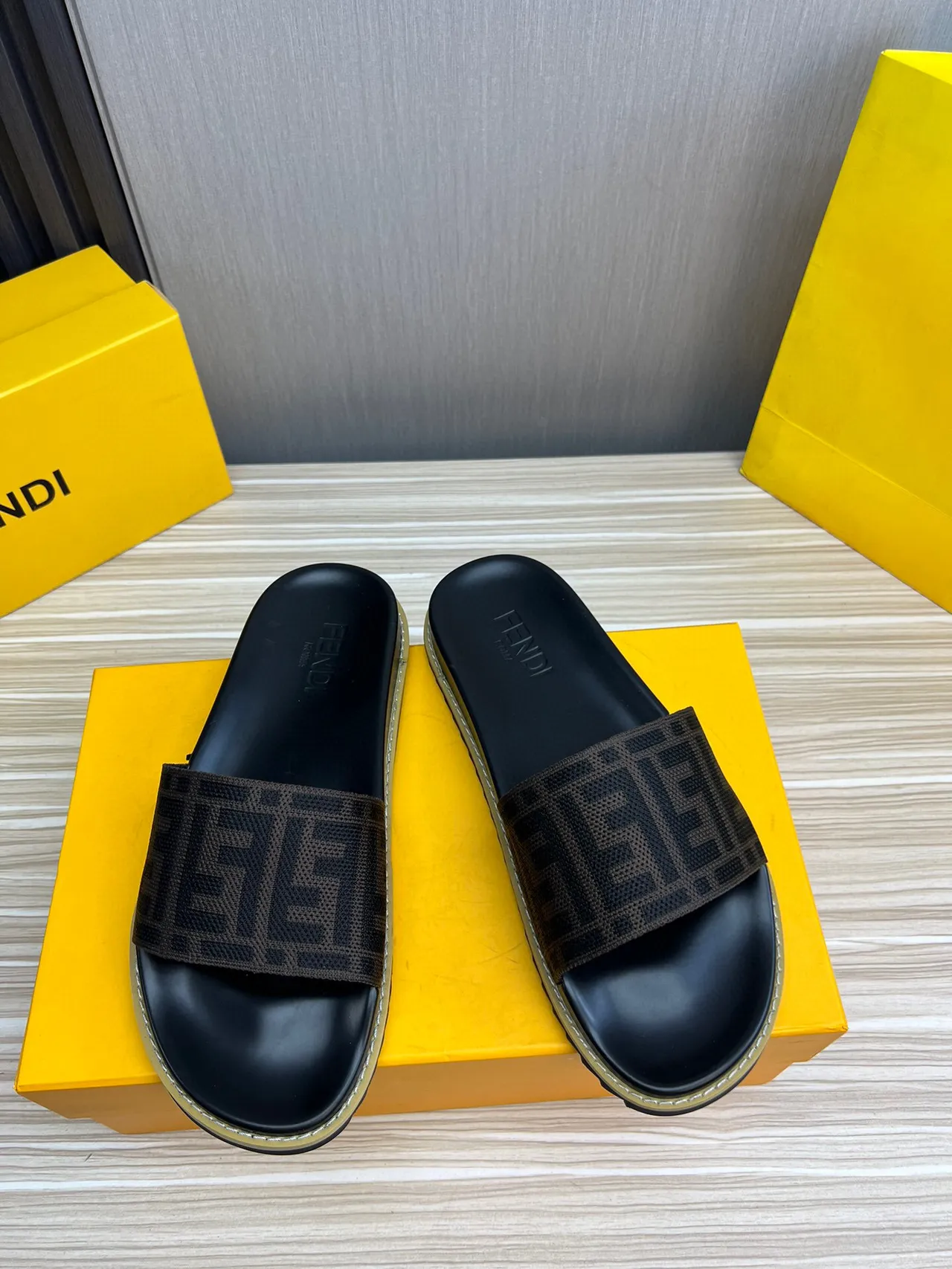 Fendi FF Logo Woven Strap Black and Brown Slide Slippers 2