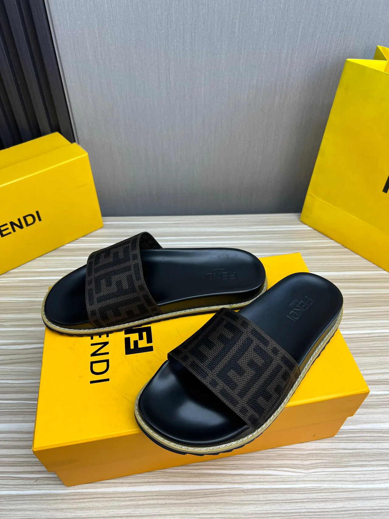 Fendi FF Logo Woven Strap Black and Brown Slide Slippers 3