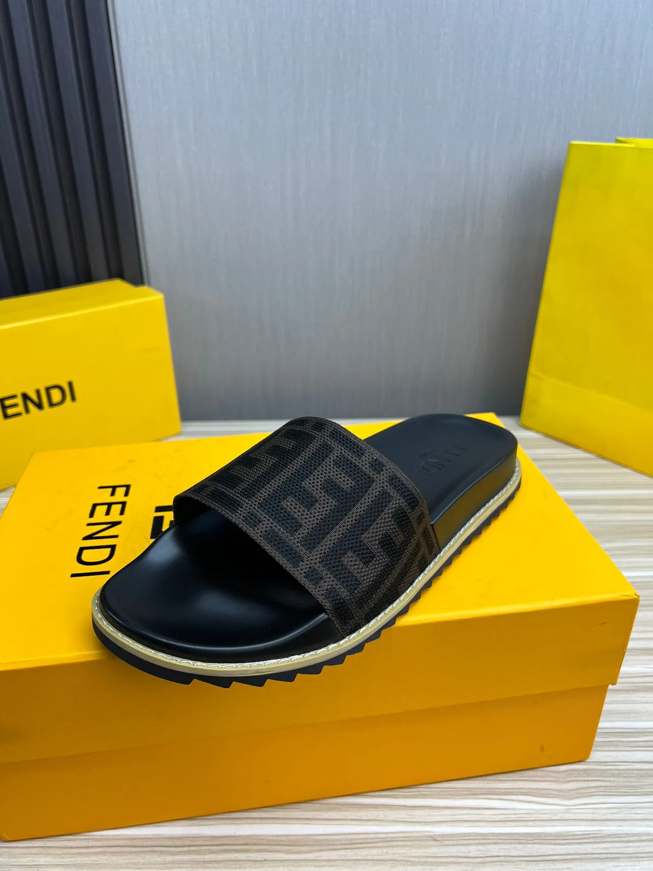 Fendi FF Logo Woven Strap Black and Brown Slide Slippers 4