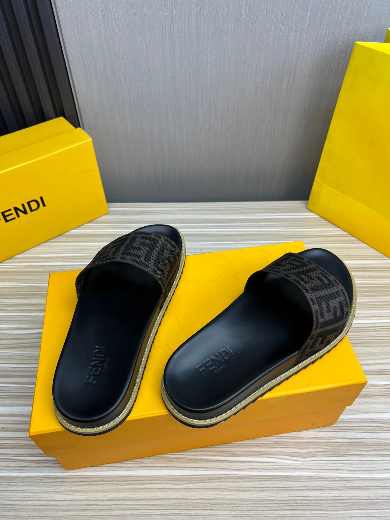 Fendi FF Logo Woven Strap Black and Brown Slide Slippers 5