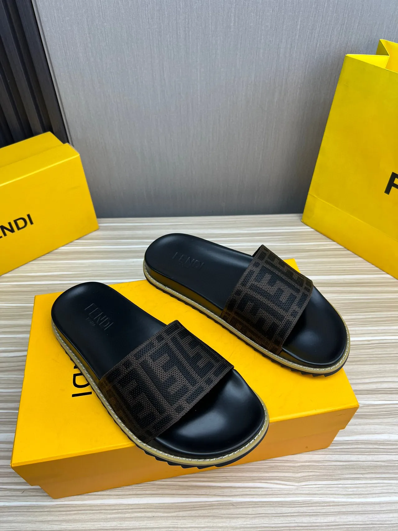 Fendi FF Logo Woven Strap Black and Brown Slide Slippers 6